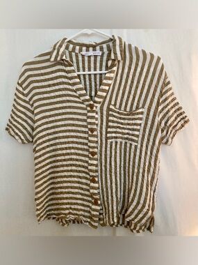 Jane and Delancey Tan & White Striped Gauzy Button Front Top Size S
